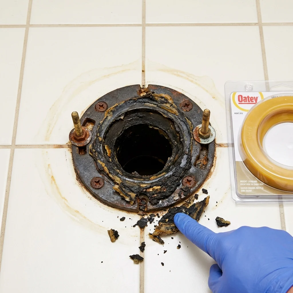 Failed wax ring showing water seepage at the base of a toilet in a Hastings, PA home