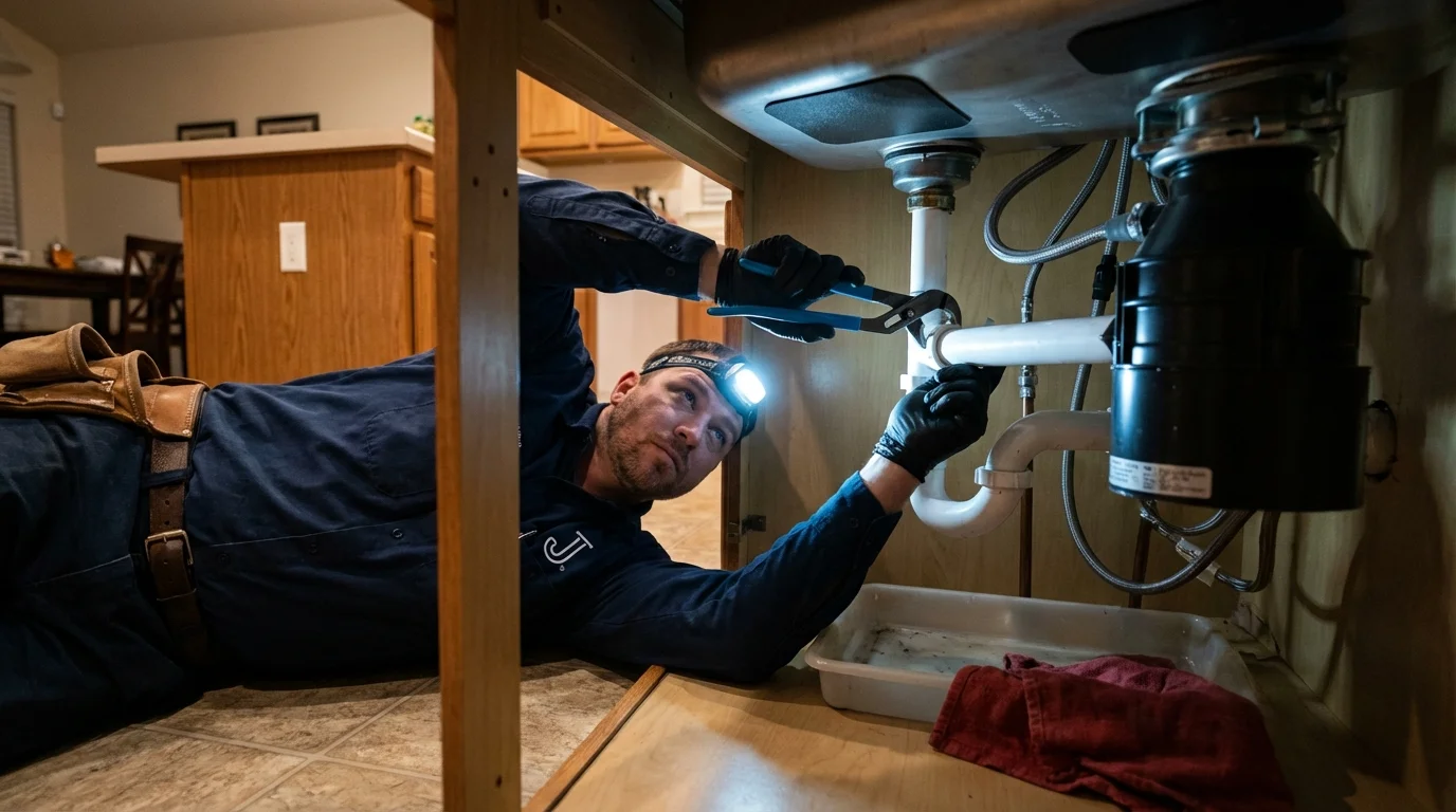 P-trap and supply line connections under a kitchen sink showing a common leak point in Hastings, PA